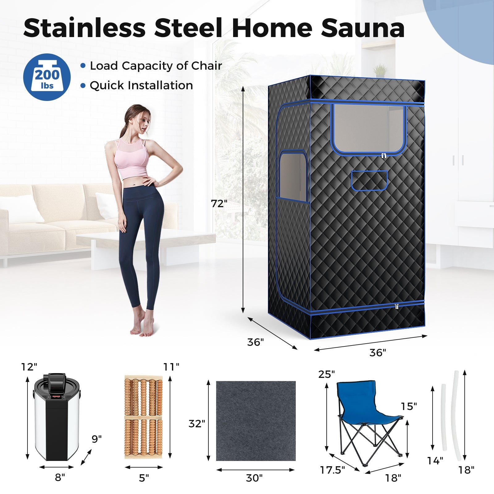 Portable Steam Sauna with 3L Steam Generator Remote Control Wood Foot Massager and Foldable Chair for Home, Black Spa & Salon at Gallery Canada