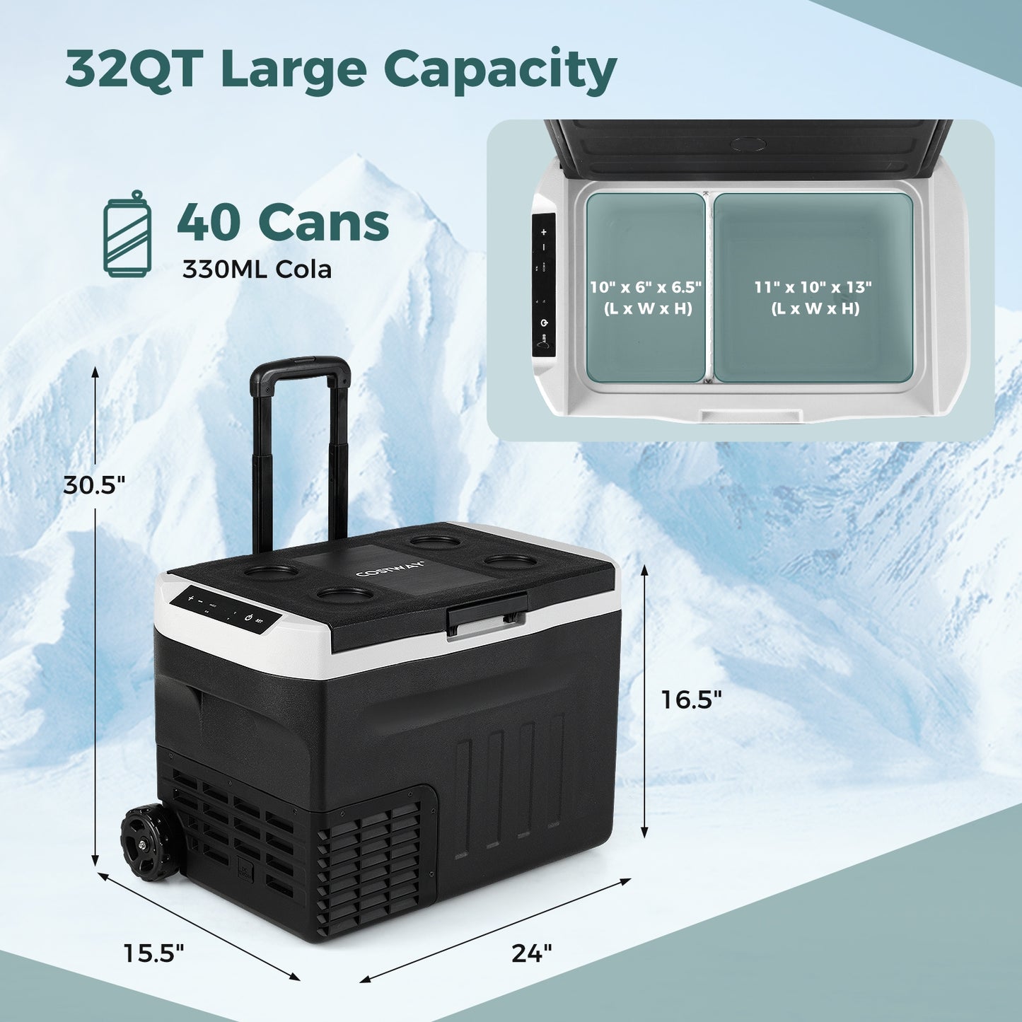 12V Car Refrigerator 32QT with Touch Panel and Removable Divider-M, Black Coolers at Gallery Canada