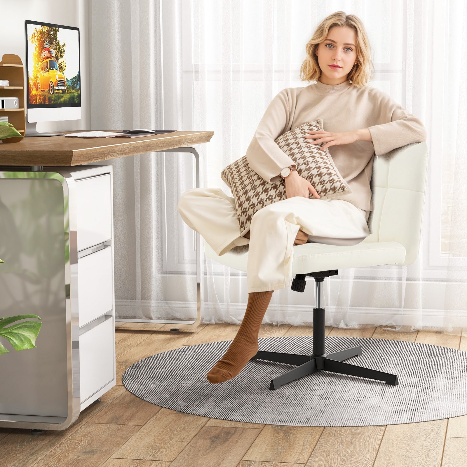 PU Leather Upholstered Cross-legged Office Chair with Oversized U-shaped Seat for Home Office Make Up, Beige Armless Chairs at Gallery Canada