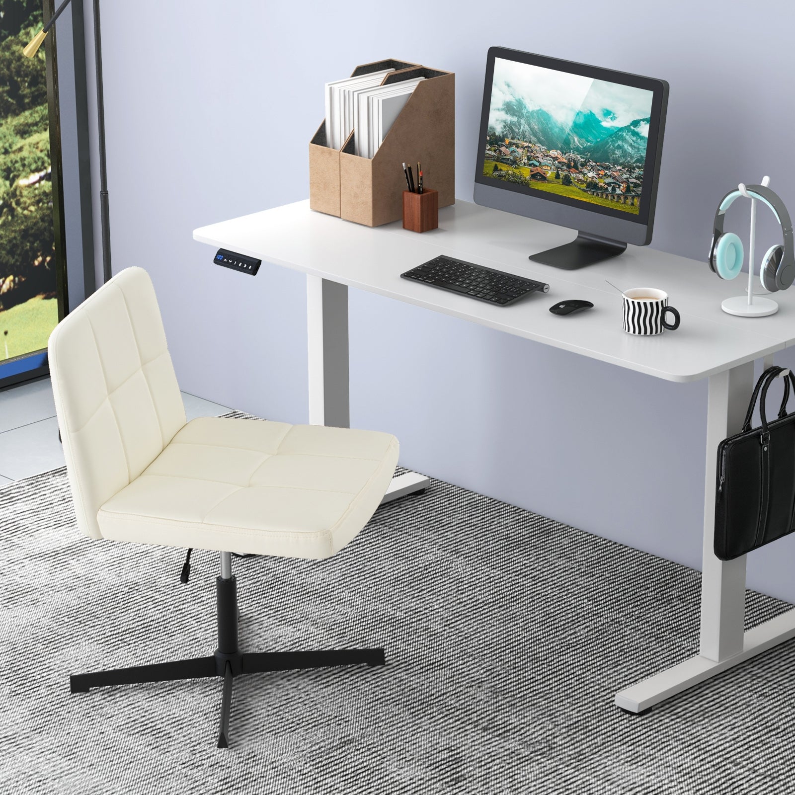 PU Leather Upholstered Cross-legged Office Chair with Oversized U-shaped Seat for Home Office Make Up, Beige Armless Chairs at Gallery Canada