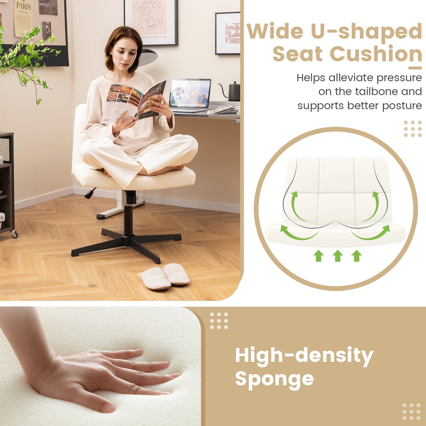 PU Leather Upholstered Cross-legged Office Chair with Oversized U-shaped Seat for Home Office Make Up, Beige Armless Chairs at Gallery Canada