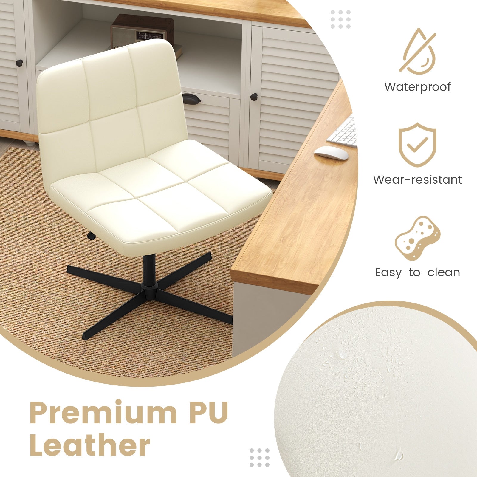 PU Leather Upholstered Cross-legged Office Chair with Oversized U-shaped Seat for Home Office Make Up, Beige Armless Chairs at Gallery Canada