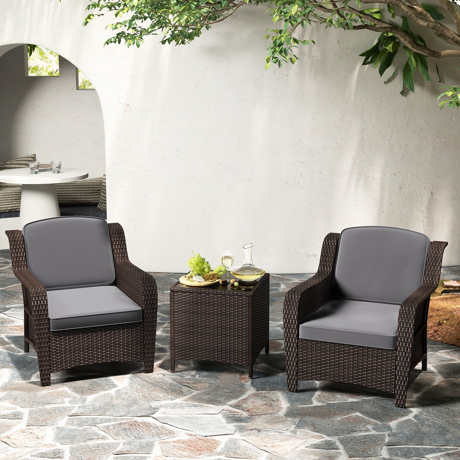 3 Pieces Outdoor Rattan Furniture Set with Cushions and Tempered Glass Coffee Table, Gray Patio Conversation Sets at Gallery Canada