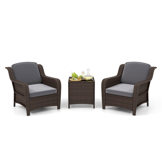 3 Pieces Outdoor Rattan Furniture Set with Cushions and Tempered Glass Coffee Table, Gray Patio Conversation Sets Gray at Gallery Canada