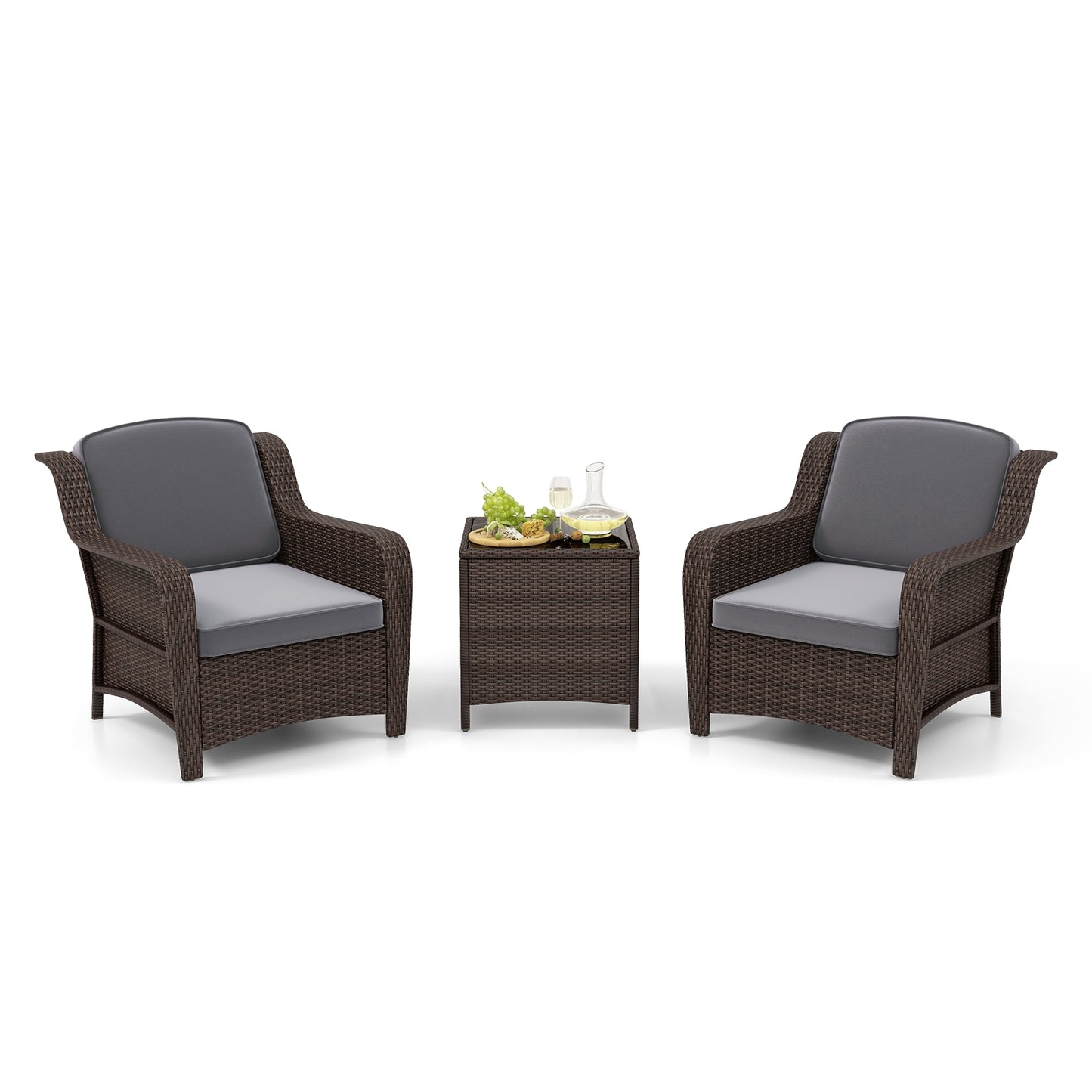 Ensemble de mobilier d'extérieur en rotin, 3 pièces, avec coussins et table en verre, gris