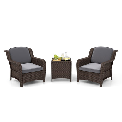 Ensemble de mobilier d'extérieur en rotin, 3 pièces, avec coussins et table en verre, gris