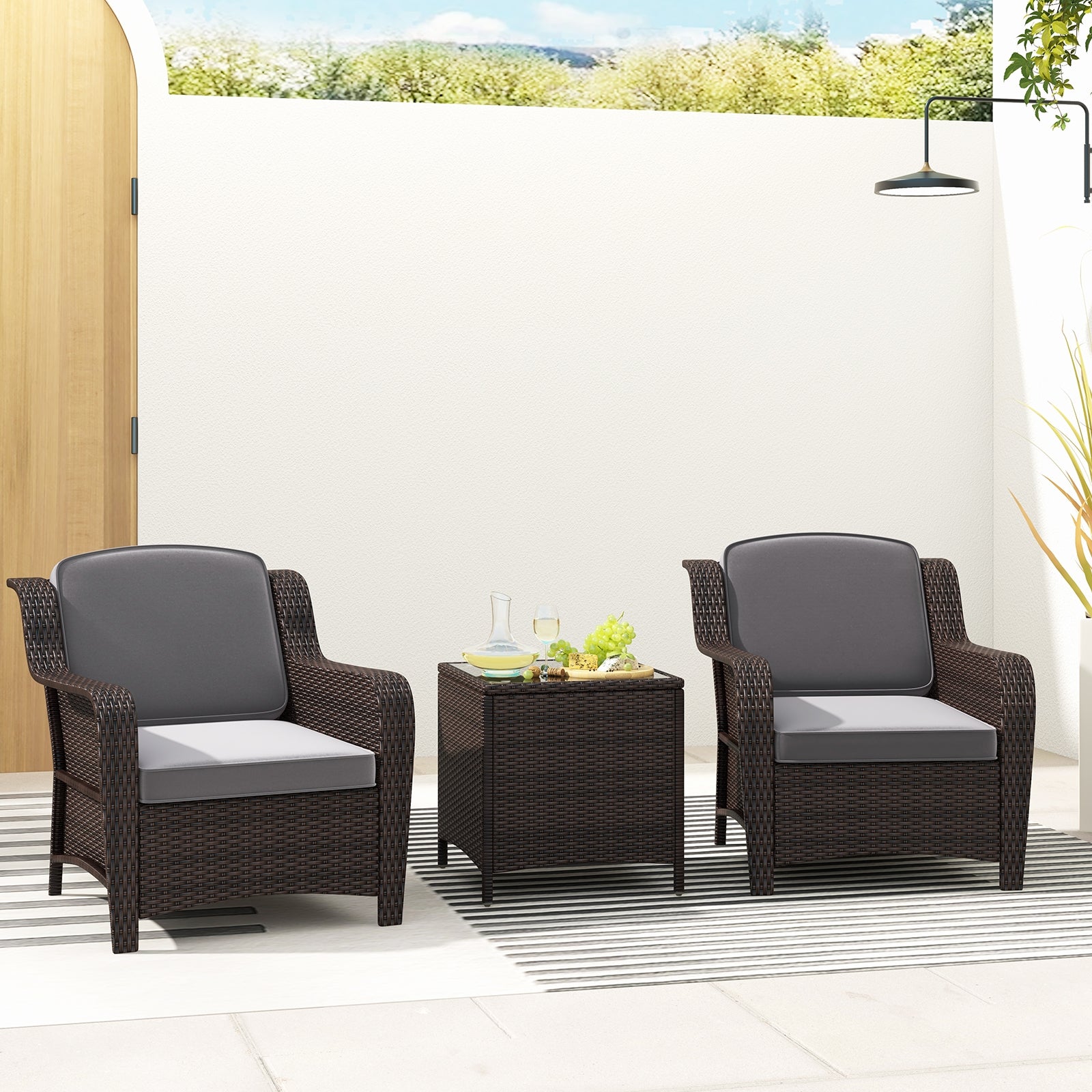 3 Pieces Outdoor Rattan Furniture Set with Cushions and Tempered Glass Coffee Table, Gray Patio Conversation Sets at Gallery Canada