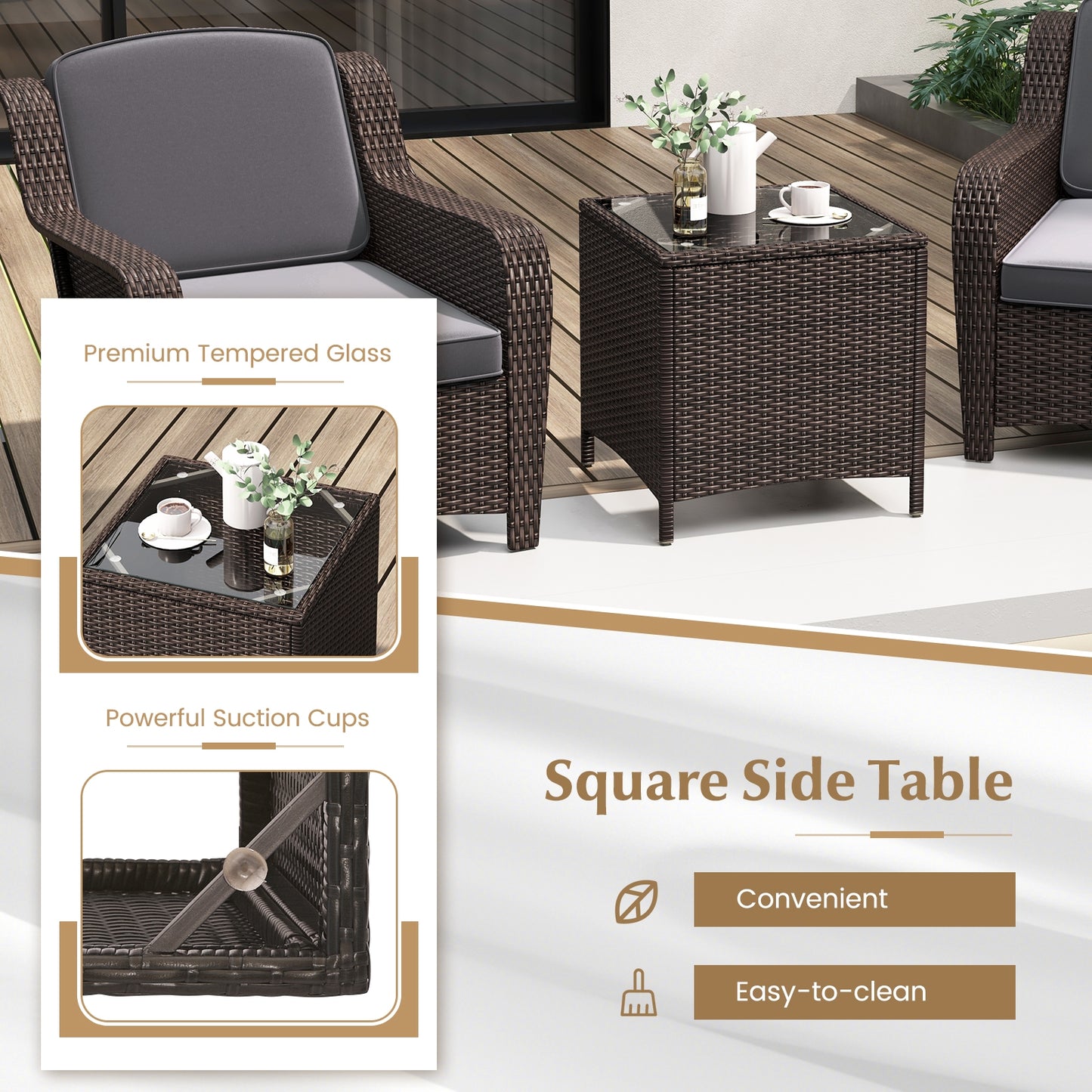 3 Pieces Outdoor Rattan Furniture Set with Cushions and Tempered Glass Coffee Table, Gray Patio Conversation Sets at Gallery Canada