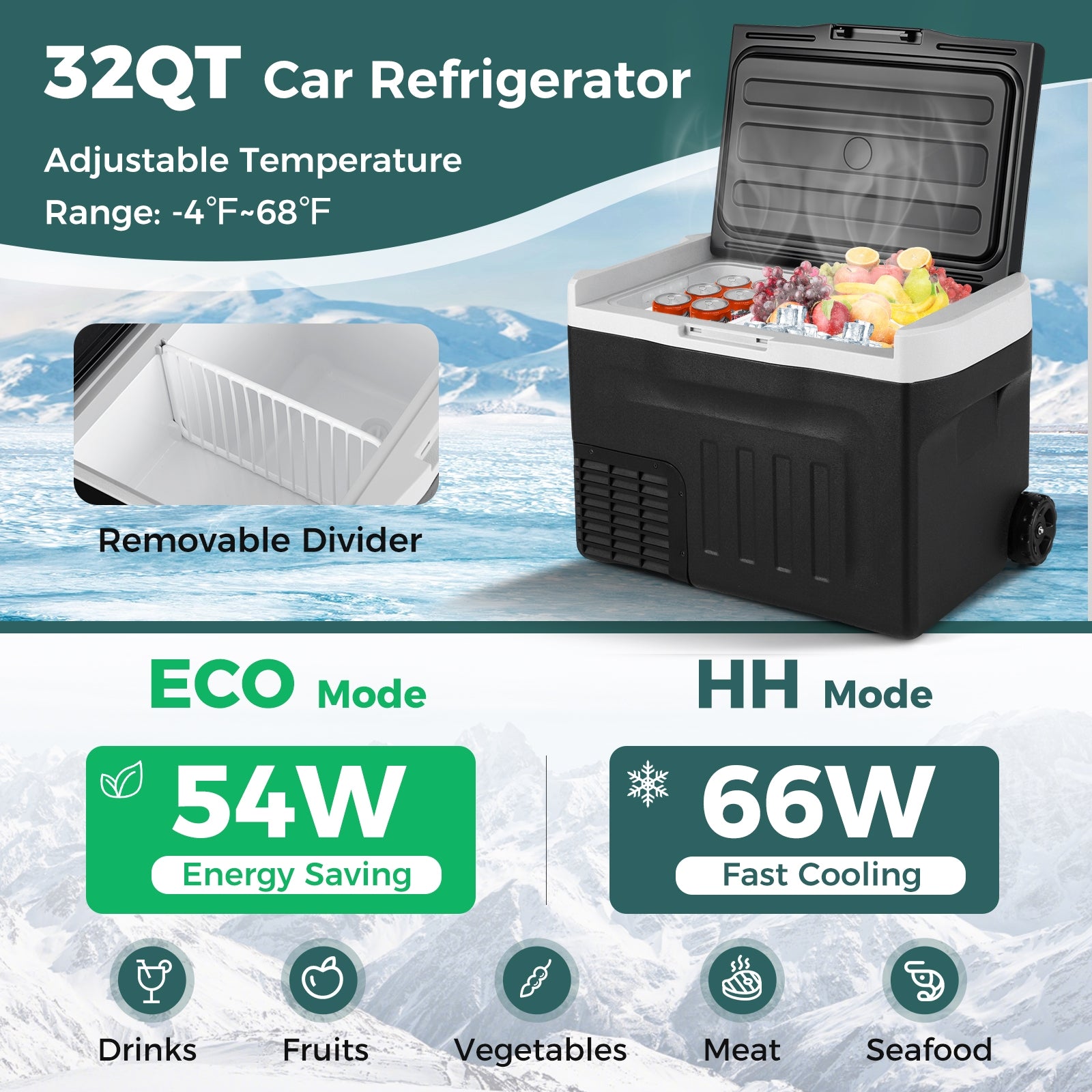12V Car Refrigerator 32QT with Touch Panel and Removable Divider-M, Black Coolers at Gallery Canada
