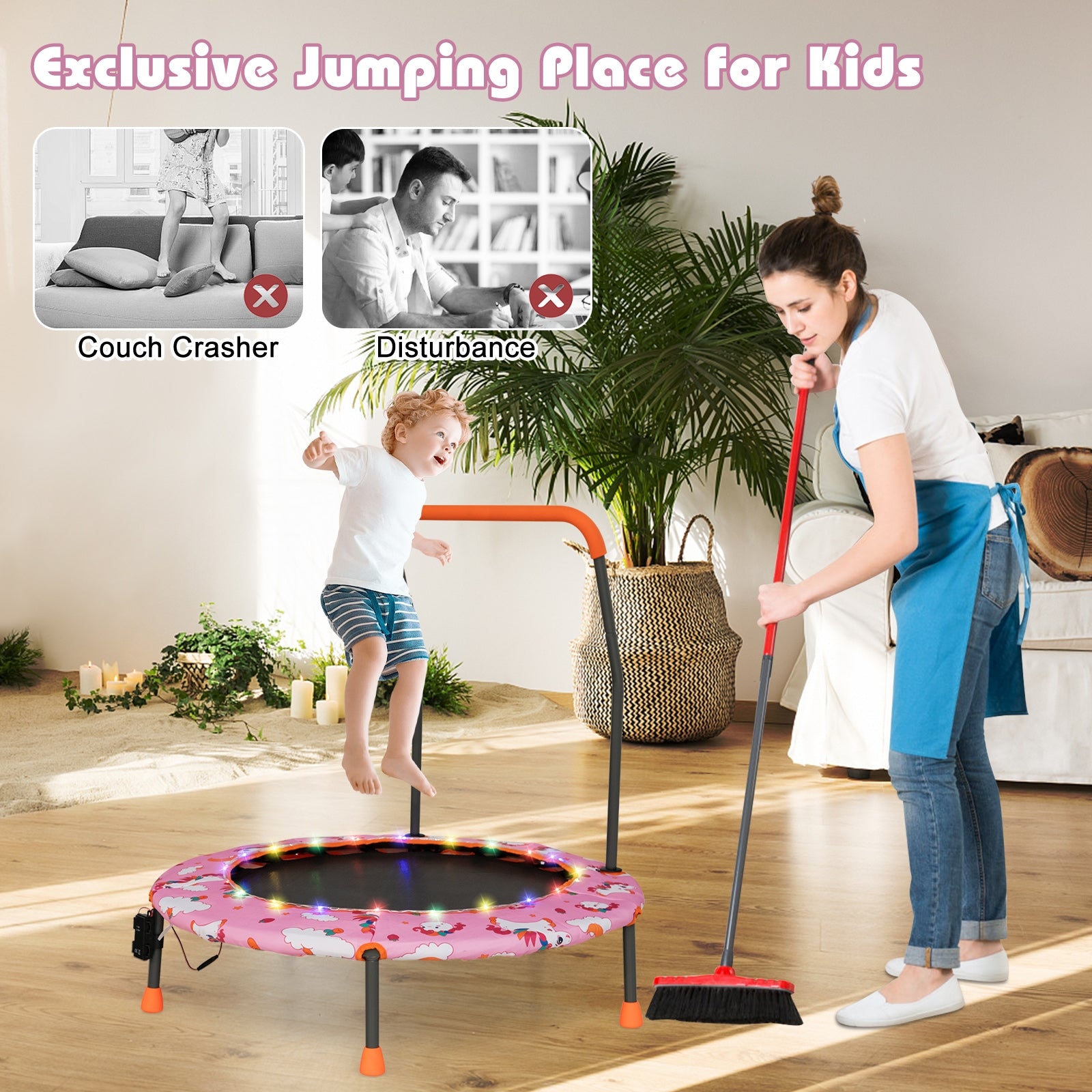36 Inch Mini Trampoline with Colorful LED Lights and Bluetooth Speaker, Pink Trampolines at Gallery Canada