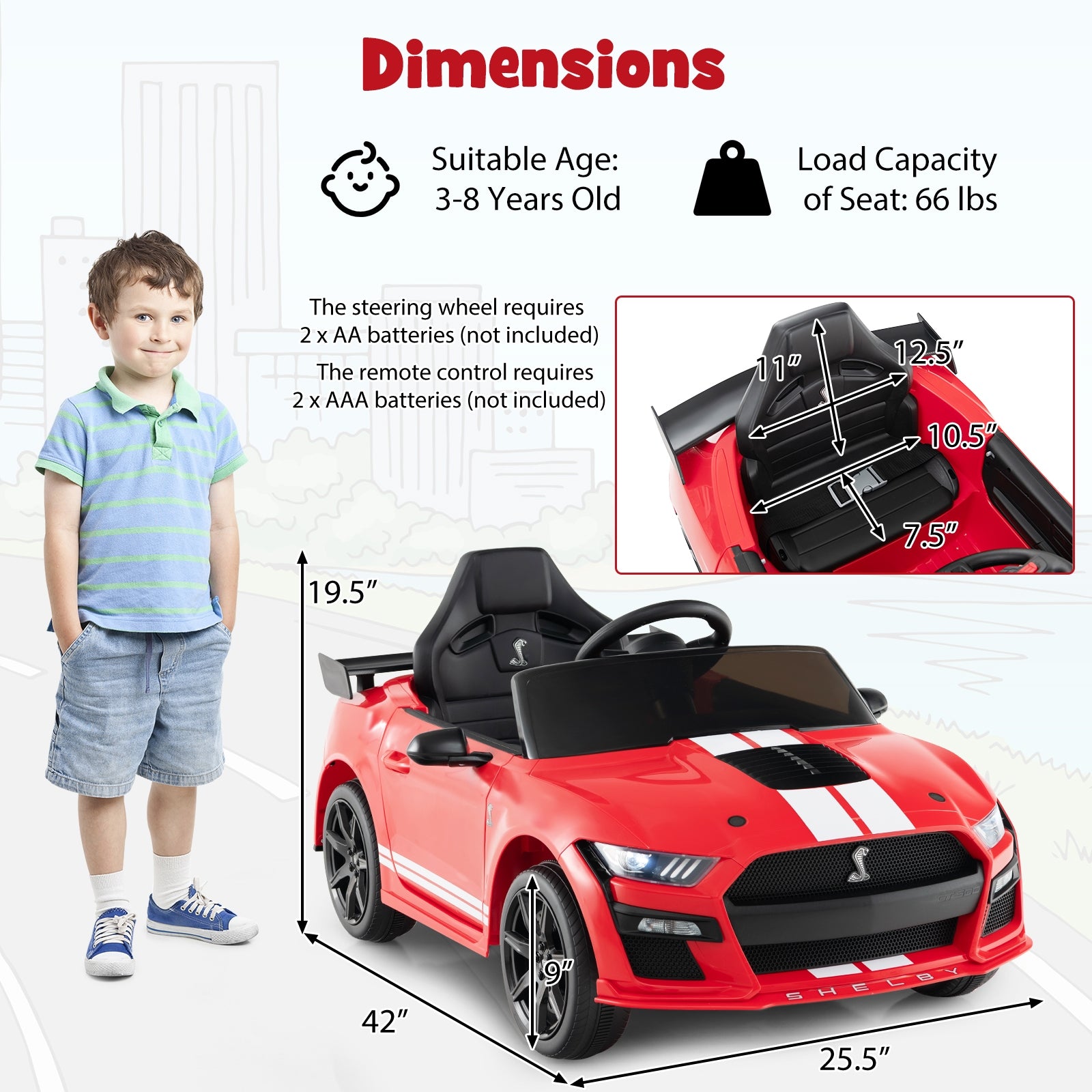 12V Licensed Ford Mustang Shelby GT500 Kids Ride on Car with Remote Control for Kids Aged 3-8, Red Powered Ride On Toys at Gallery Canada