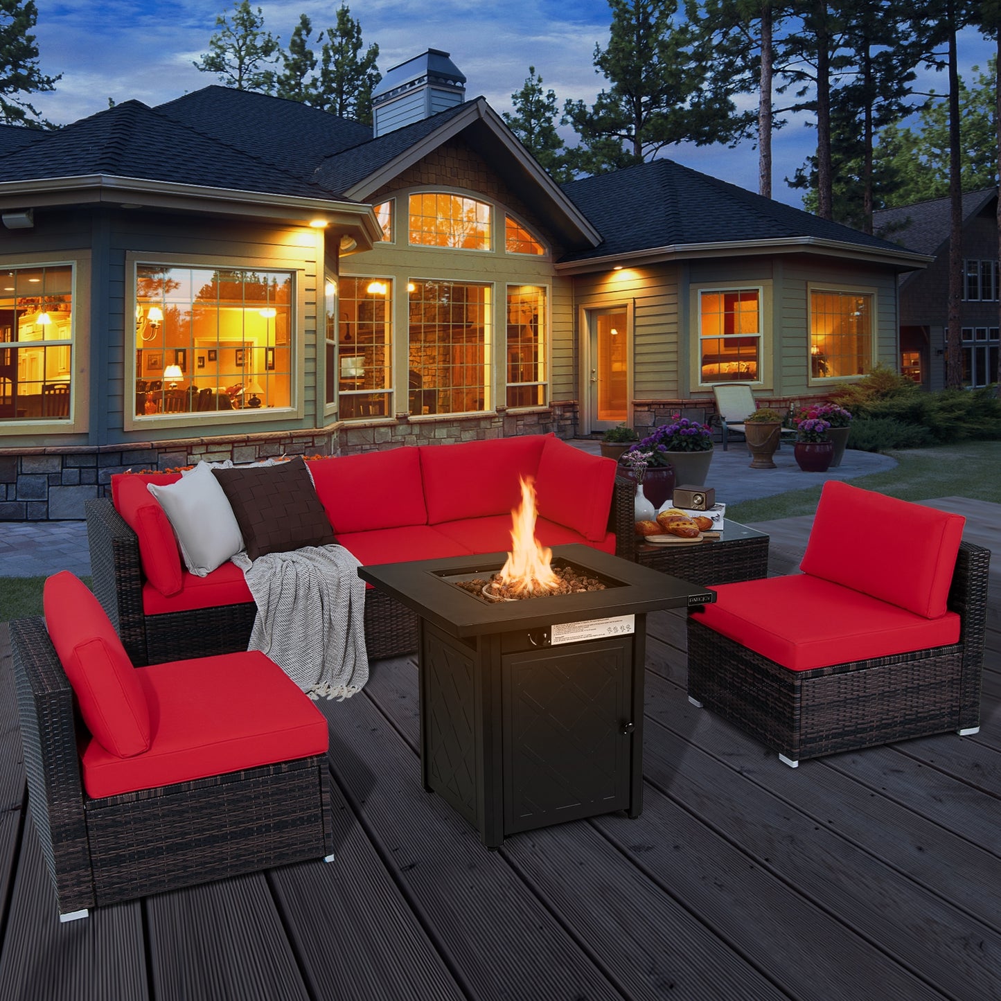 7 Pieces Patio Furniture Set with 28 Inches 50000 BTU Propane Gas Fire Pit Table, Red Patio Furniture Sets at Gallery Canada