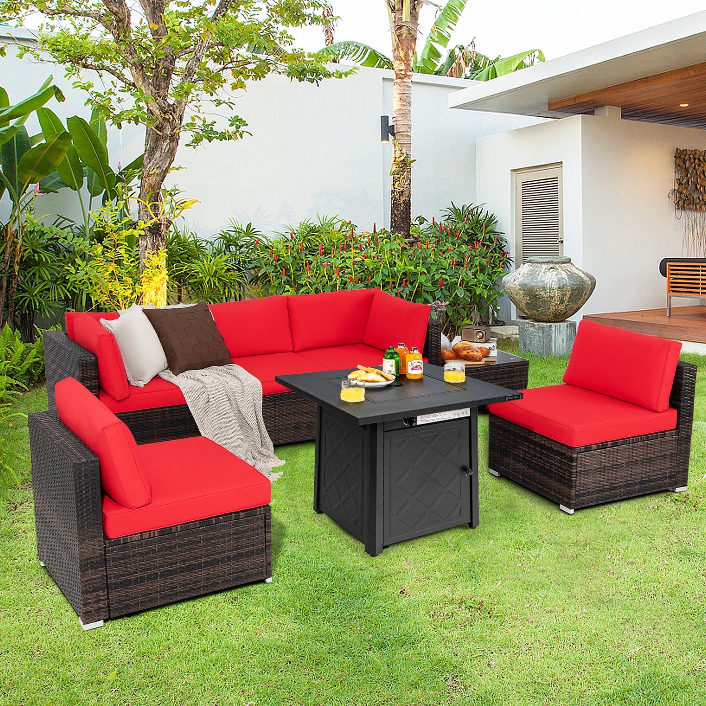 7-Piece Patio Set, 28 Inches 50000 BTU Propane Fire Pit Table, Red Patio Furniture Sets at Gallery Canada
