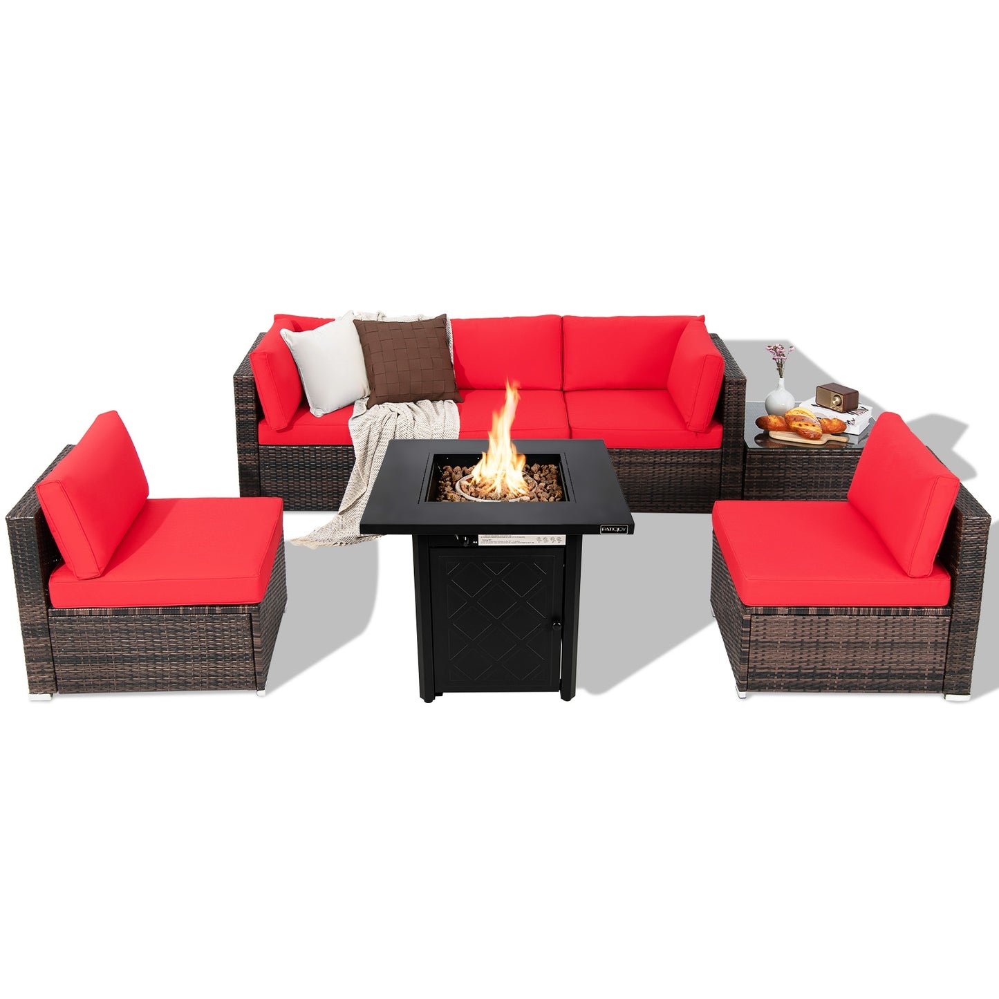7 Pieces Patio Furniture Set with 28 Inches 50000 BTU Propane Gas Fire Pit Table, Red Patio Furniture Sets Red at Gallery Canada