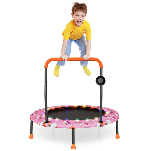 36 Inch Mini Trampoline with Colorful LED Lights and Bluetooth Speaker, Pink