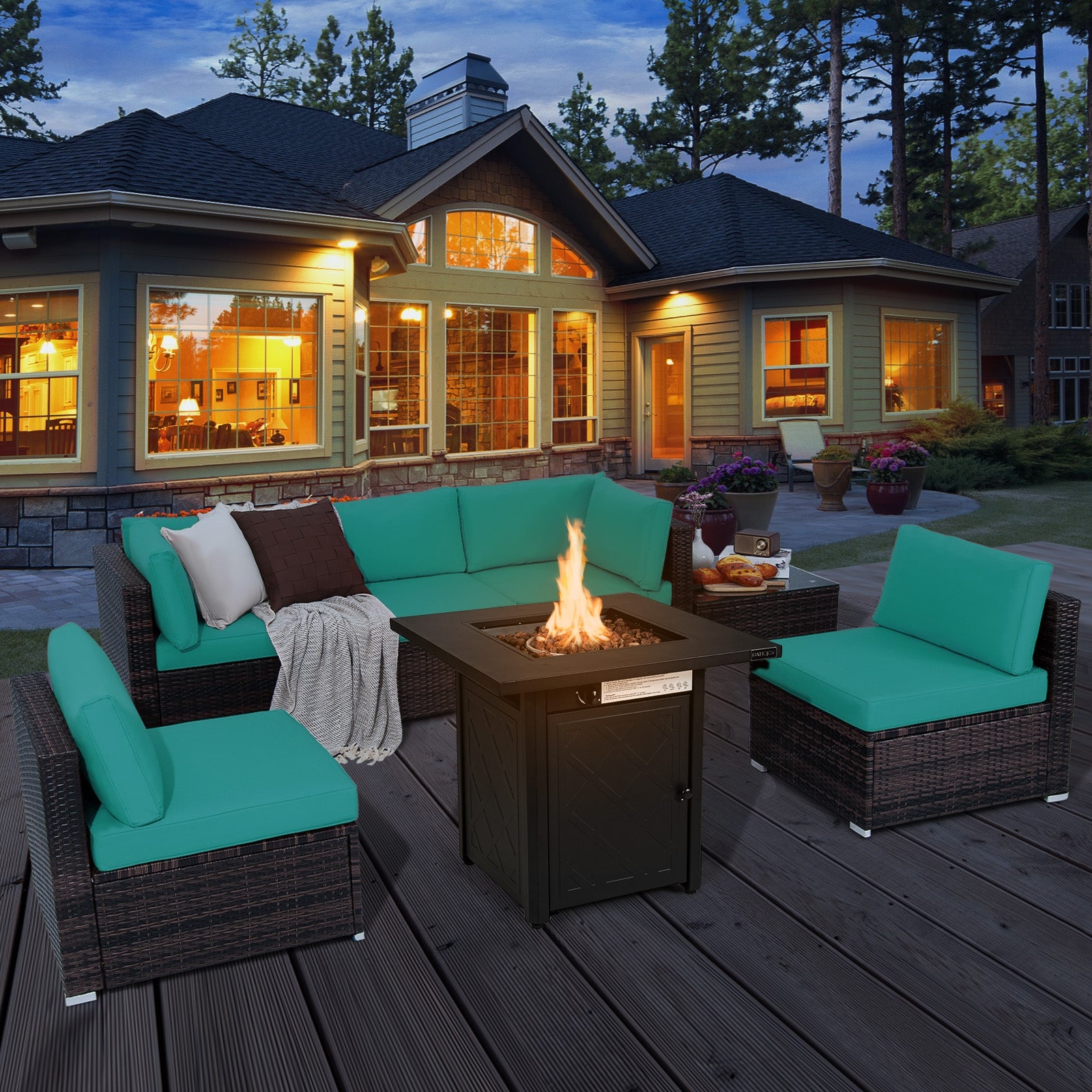 7-Piece Patio Set, 28 Inches 50000 BTU Propane Fire Pit Table, Turquoise Patio Furniture Sets Turquoise at Gallery Canada