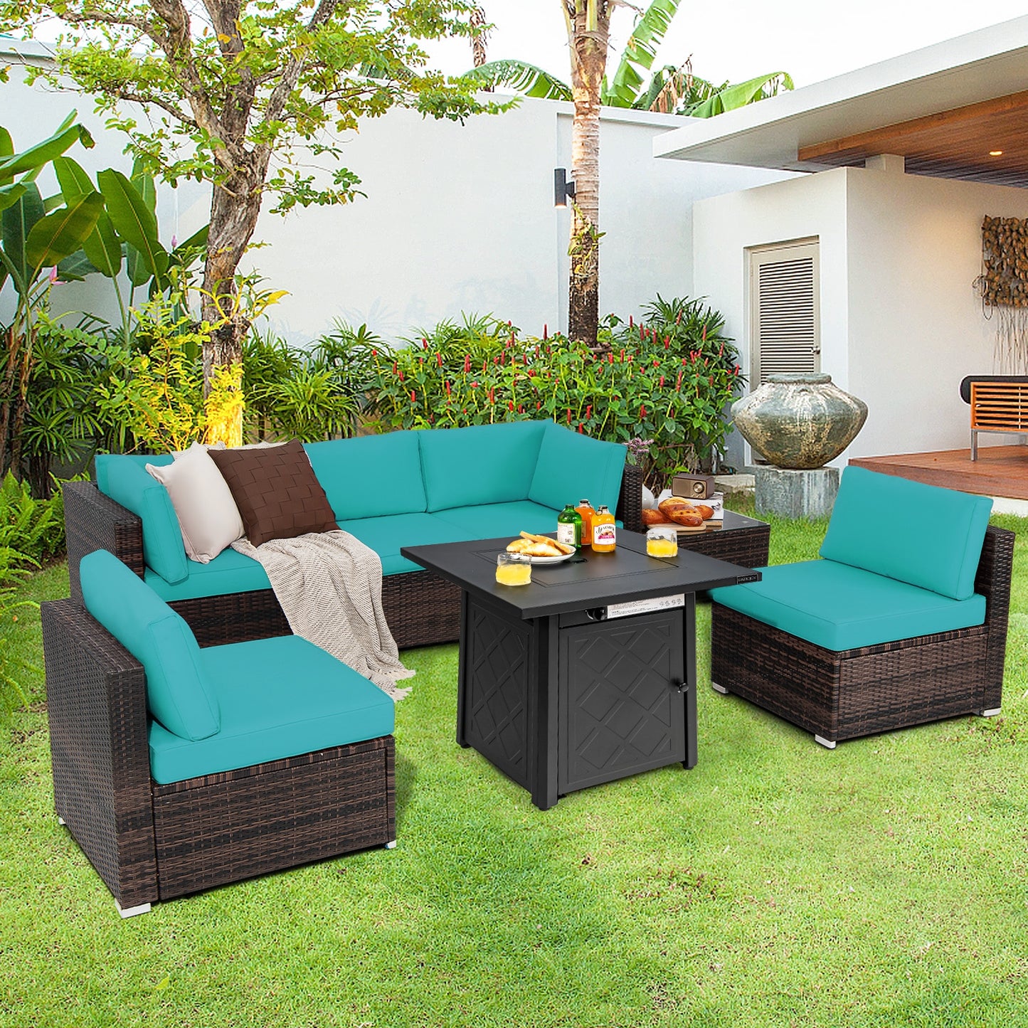 7-Piece Patio Set, 28 Inches 50000 BTU Propane Fire Pit Table, Turquoise Patio Furniture Sets at Gallery Canada