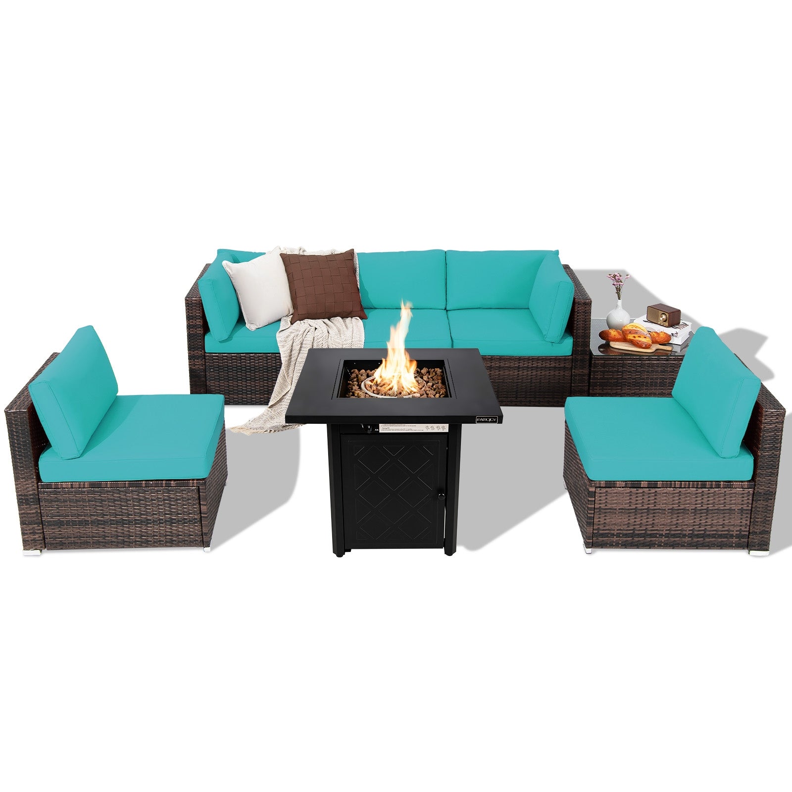 7 Pieces Patio Furniture Set with 28 Inches 50000 BTU Propane Gas Fire Pit Table, Turquoise Patio Furniture Sets at Gallery Canada