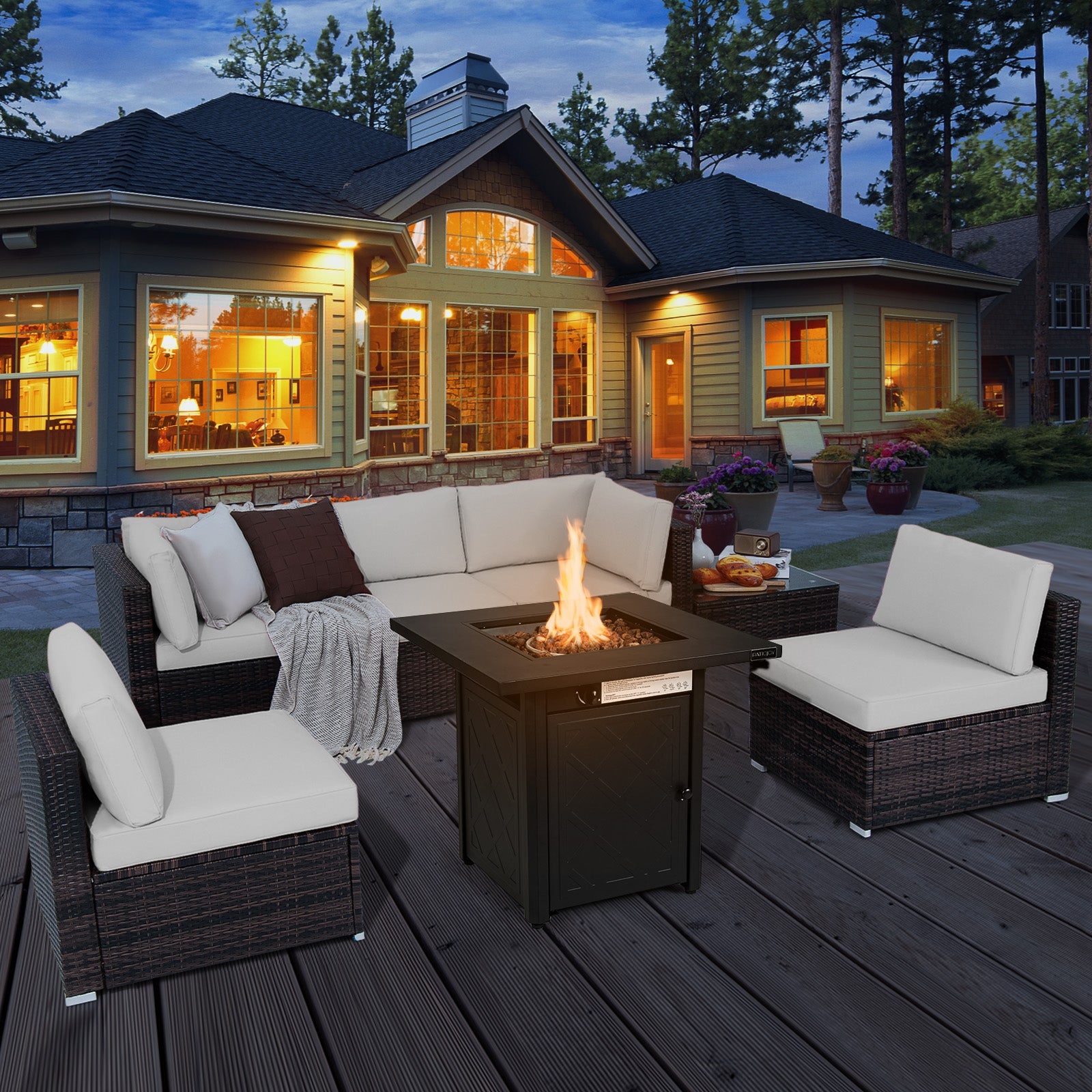 7-Piece Patio Set, 28 Inches 50000 BTU Gas Fire Pit Table, White Patio Furniture Sets at Gallery Canada