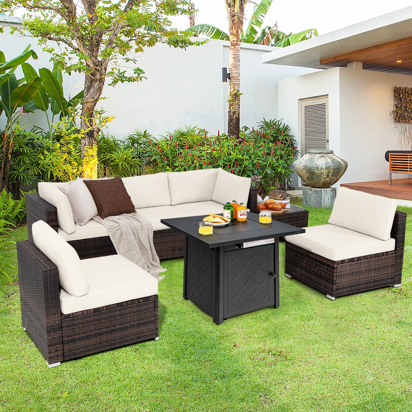 7-Piece Patio Set, 28 Inches 50000 BTU Gas Fire Pit Table, White Patio Furniture Sets at Gallery Canada