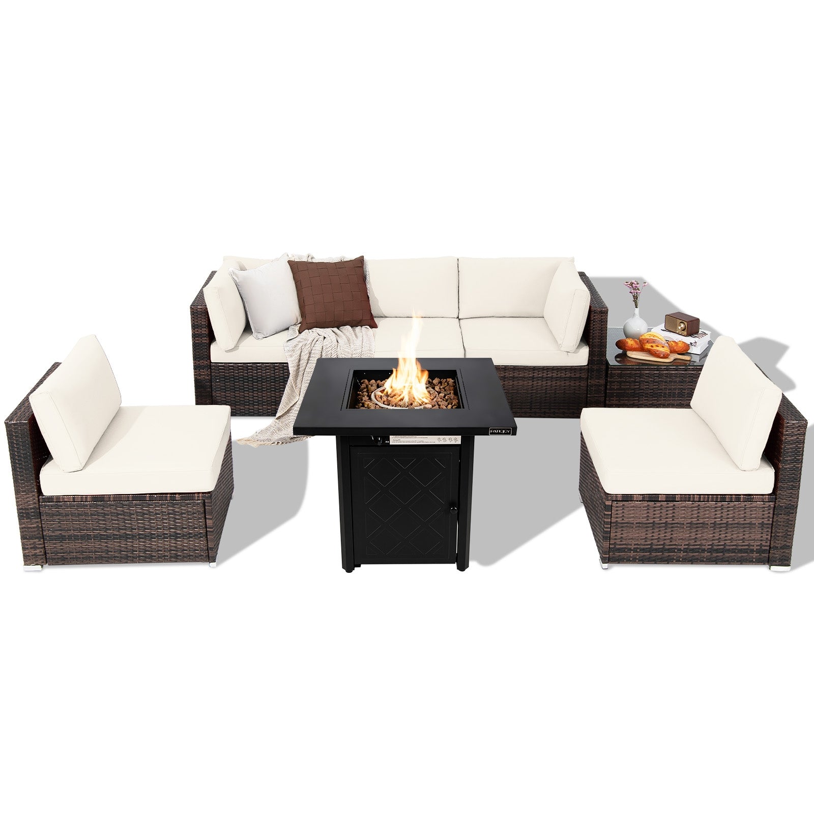 7 Pieces Patio Furniture Set with 28 Inches 50000 BTU Propane Gas Fire Pit Table, White Patio Furniture Sets White at Gallery Canada