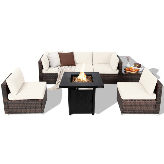 7 Pieces Patio Furniture Set with 28 Inches 50000 BTU Propane Gas Fire Pit Table, White Patio Furniture Sets White at Gallery Canada