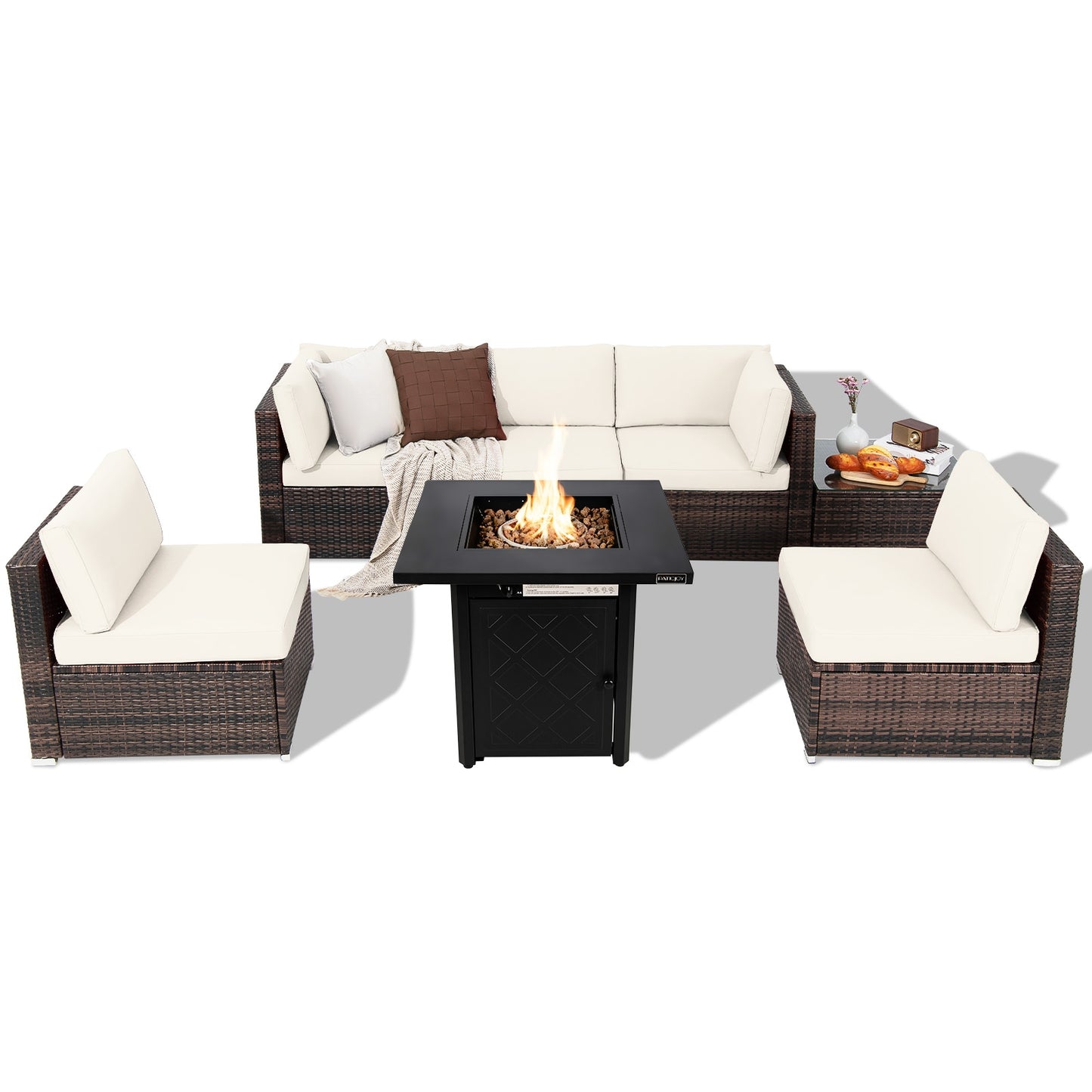 7 Pieces Patio Furniture Set with 28 Inches 50000 BTU Propane Gas Fire Pit Table, White Patio Furniture Sets at Gallery Canada