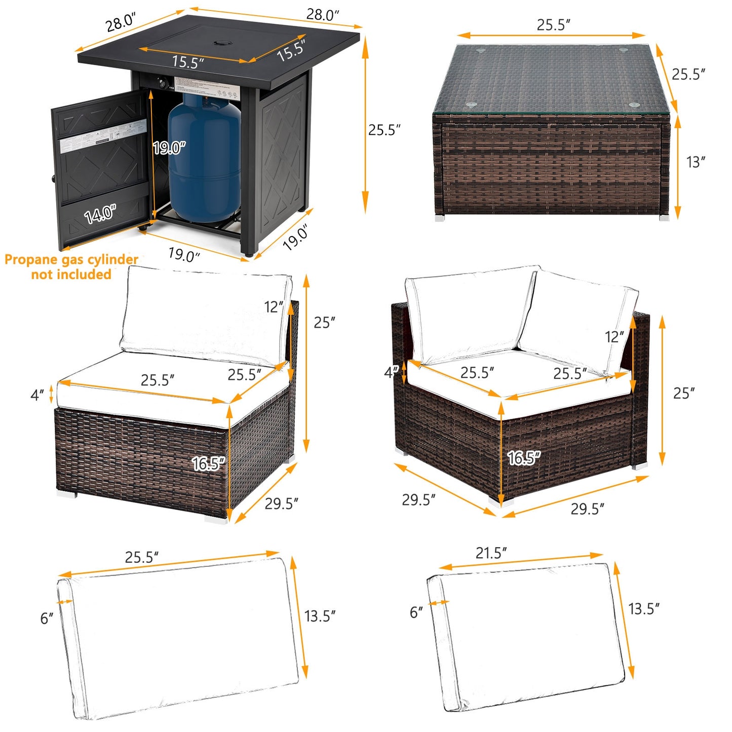 7-Piece Patio Set, 28 Inches 50000 BTU Gas Fire Pit Table, White Patio Furniture Sets at Gallery Canada