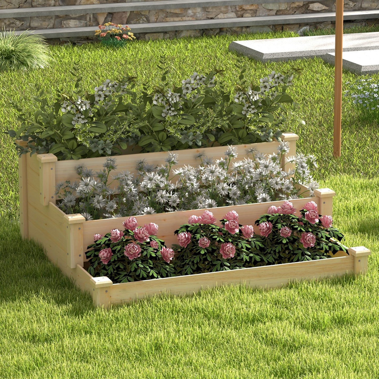 3-Tier Wooden Raised Garden Bed for Backyard Patio Gardening, Natural