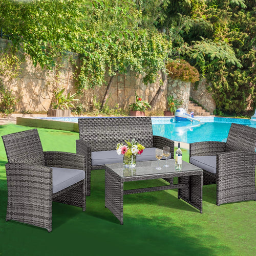 4 Piece Rattan Patio Set, Glass Table, Loveseat, Gray