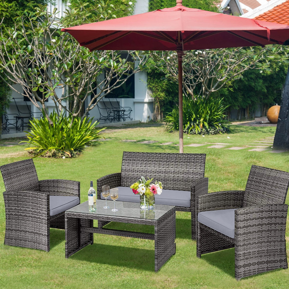 4 Pieces Patio Rattan Furniture Set with Glass Table and Loveseat, Gray Patio Conversation Sets at Gallery Canada