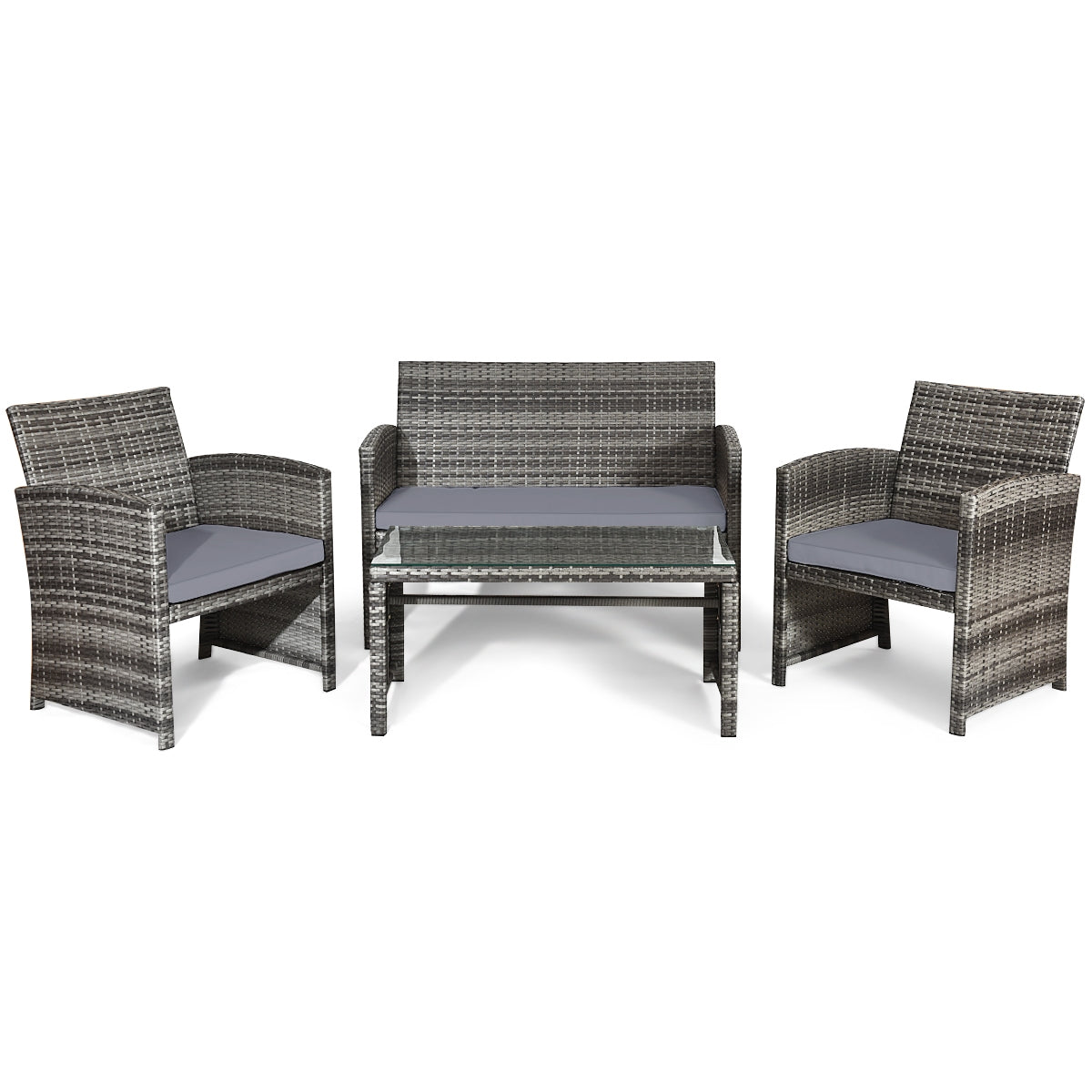 4 Pieces Patio Rattan Furniture Set with Glass Table and Loveseat, Gray Patio Conversation Sets at Gallery Canada