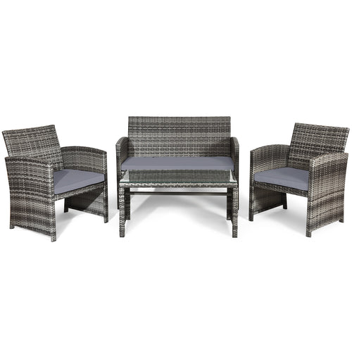4 Piece Rattan Patio Set, Glass Table, Loveseat, Gray