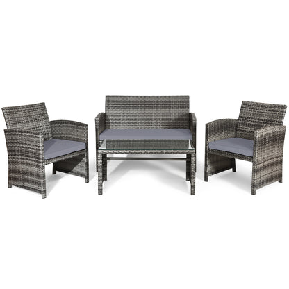 4 Pieces Patio Rattan Furniture Set with Glass Table and Loveseat, Gray Patio Conversation Sets Gray at Gallery Canada