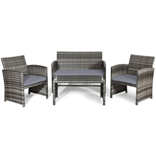 4 Pieces Patio Rattan Furniture Set with Glass Table and Loveseat, Gray Patio Conversation Sets Gray at Gallery Canada