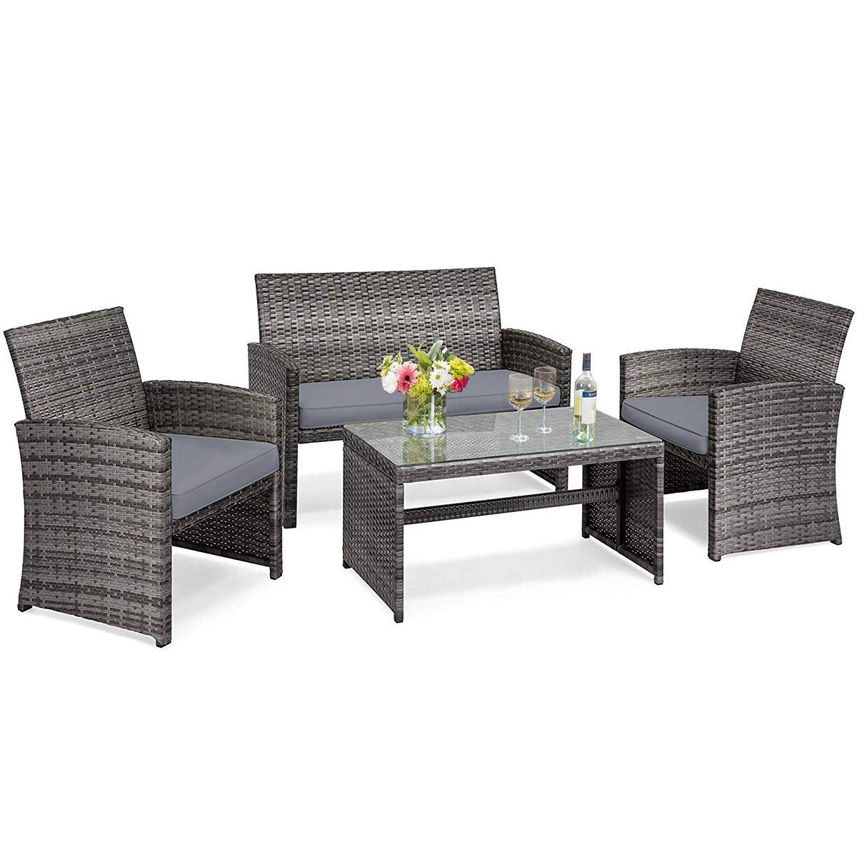 Ensemble de patio en rotin 4 pièces, table en verre, canapé deux places, gris