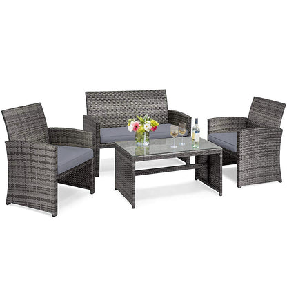 Ensemble de patio en rotin 4 pièces, table en verre, canapé deux places, gris