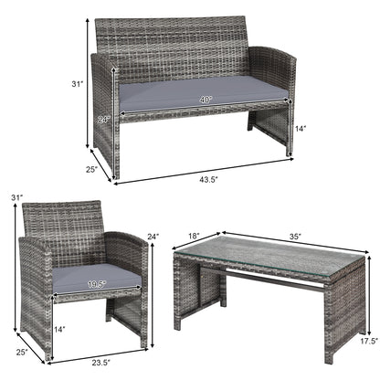 Ensemble de patio en rotin 4 pièces, table en verre, canapé deux places, gris