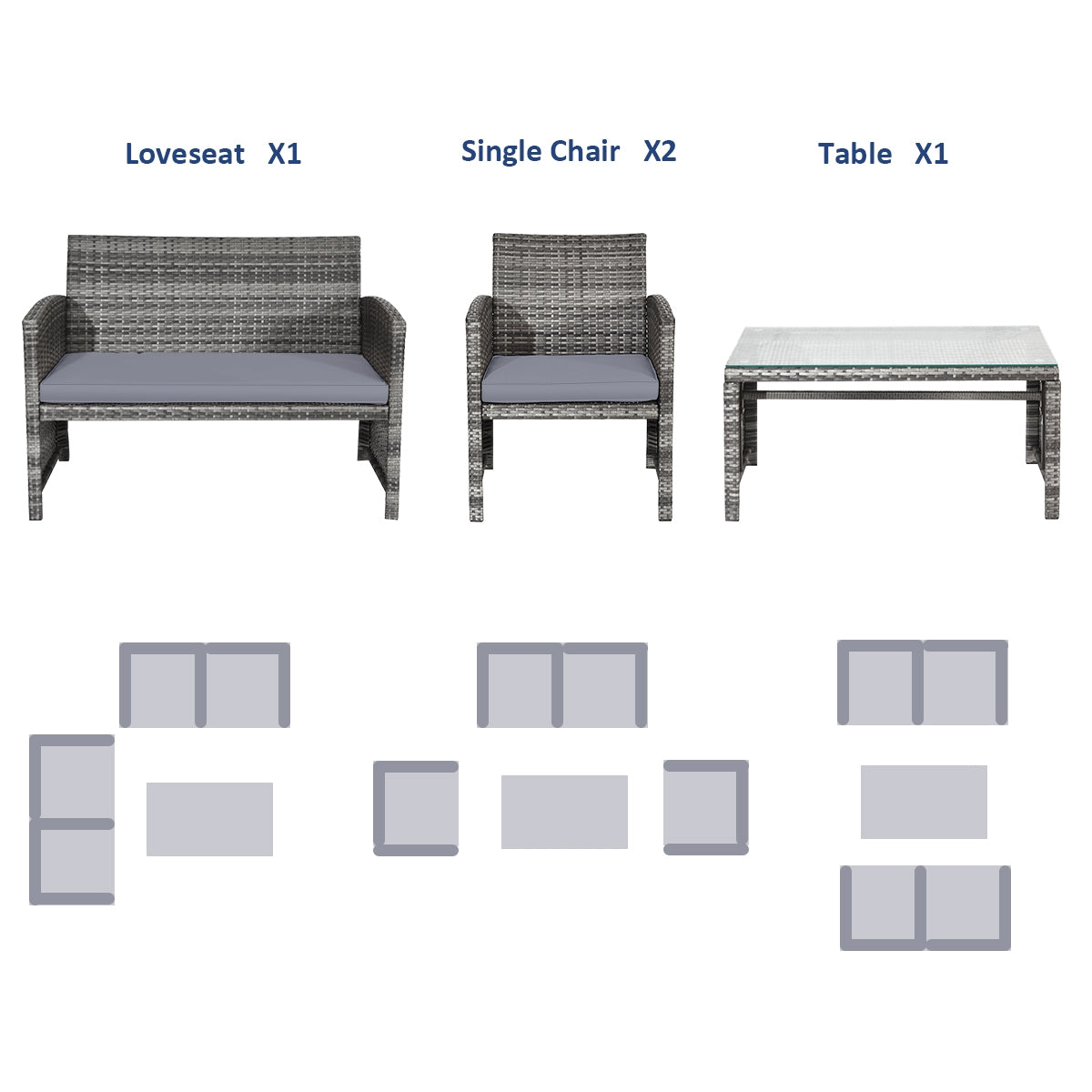 4 Pieces Patio Rattan Furniture Set with Glass Table and Loveseat, Gray Patio Conversation Sets at Gallery Canada