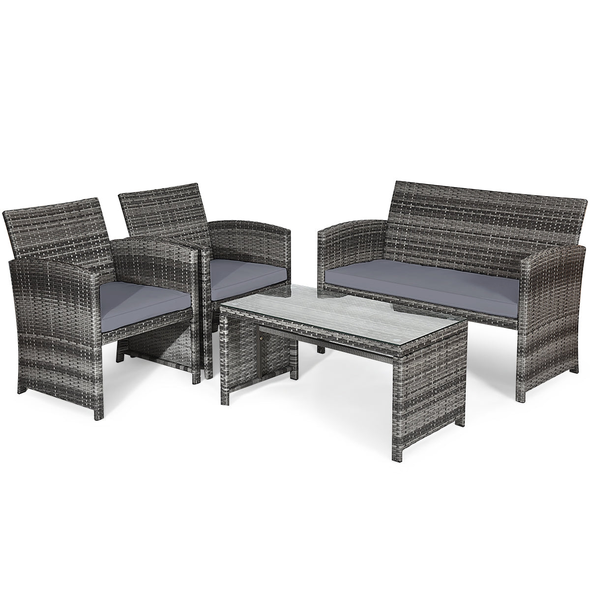 4 Pieces Patio Rattan Furniture Set with Glass Table and Loveseat, Gray Patio Conversation Sets at Gallery Canada