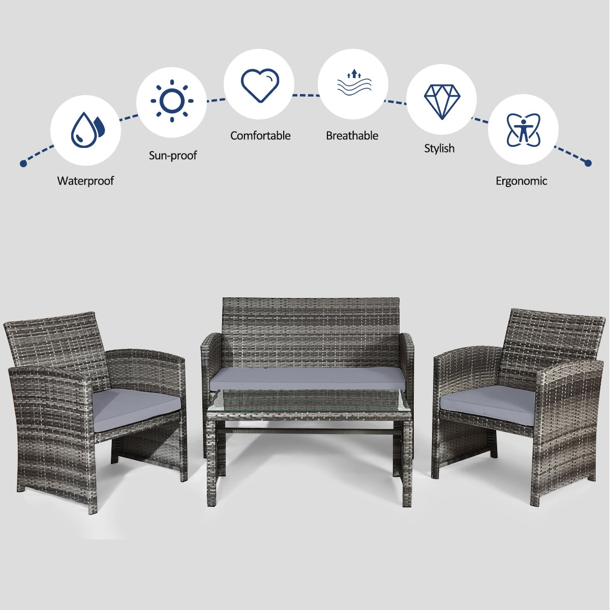 4 Pieces Patio Rattan Furniture Set with Glass Table and Loveseat, Gray Patio Conversation Sets at Gallery Canada