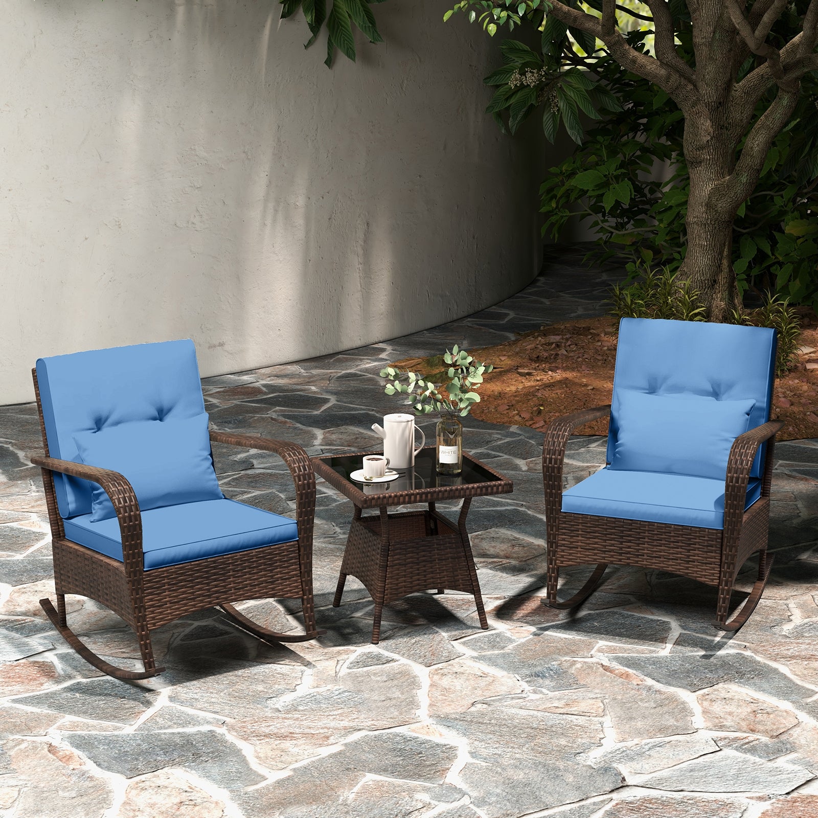 Outdoor Rocking Set, 3 Pieces, Tempered Glass Coffee Table, Navy Patio Conversation Sets at Gallery Canada