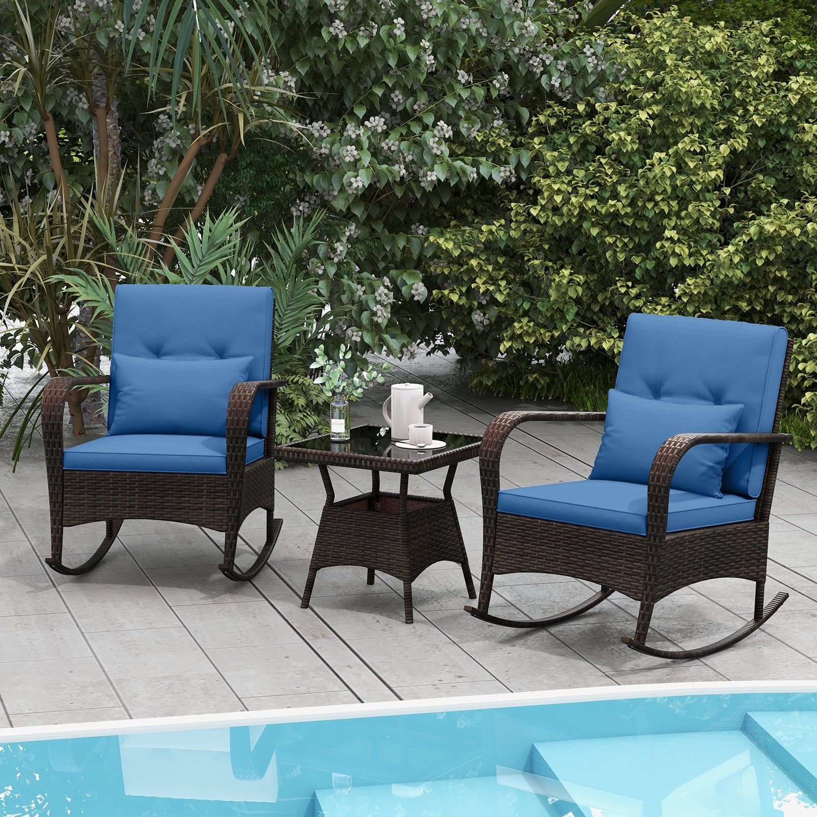 Outdoor Rocking Set, 3 Pieces, Tempered Glass Coffee Table, Navy Patio Conversation Sets at Gallery Canada