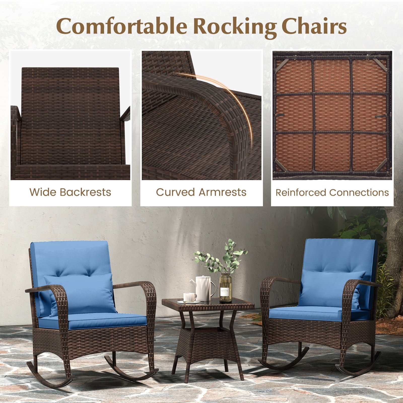Outdoor Rocking Set, 3 Pieces, Tempered Glass Coffee Table, Navy Patio Conversation Sets at Gallery Canada