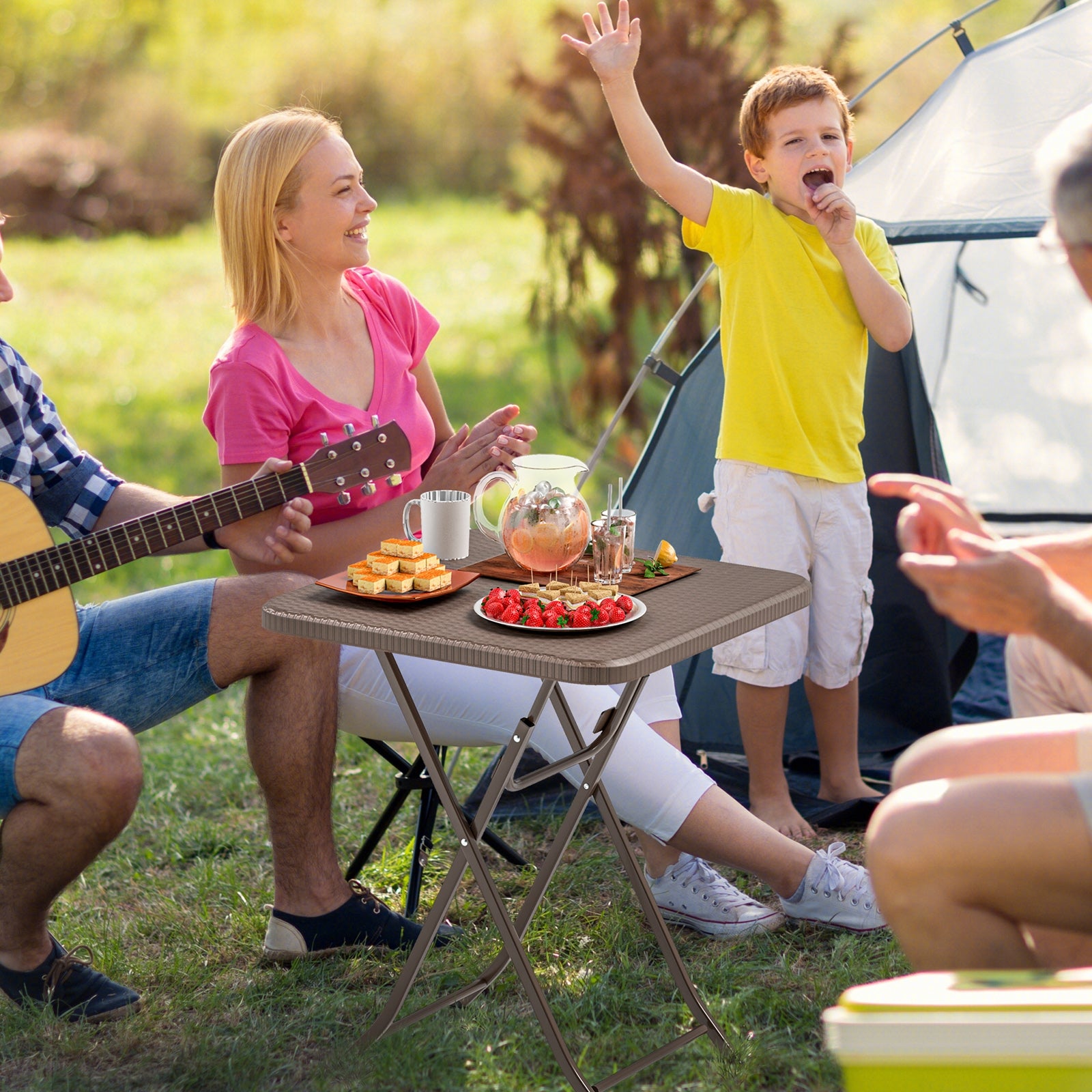 Folding Picnic Table with Rattan Grain HDPE Tabletop and Sturdy Metal Fame, Coffee Patio Dining Tables at Gallery Canada