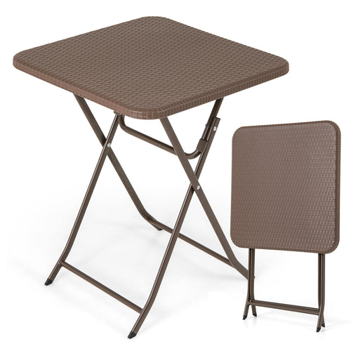 Folding Picnic Table with Rattan Grain HDPE Tabletop and Sturdy Metal Fame, Coffee