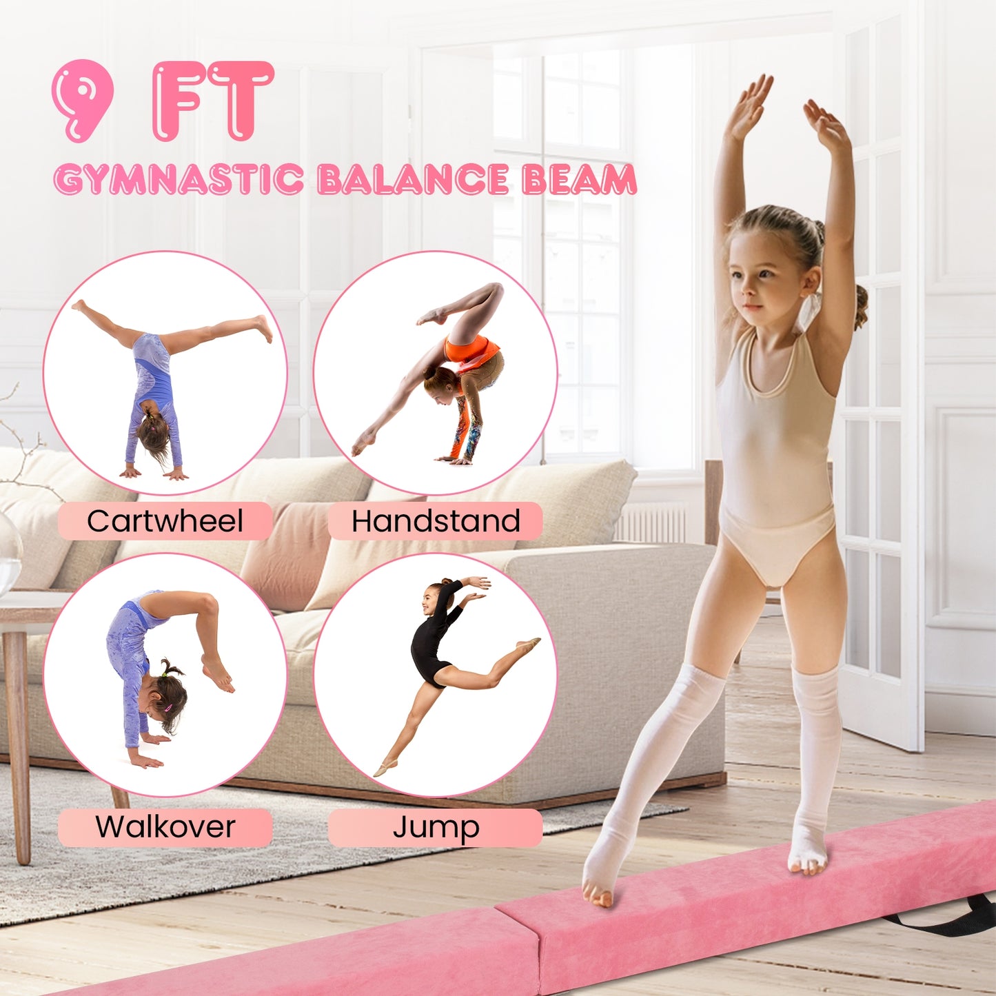9 FT Folding Gymnastics Balance Beam with Anti-slip Base and Pine Wood Frame, Pink Yoga & Gym Mats at Gallery Canada
