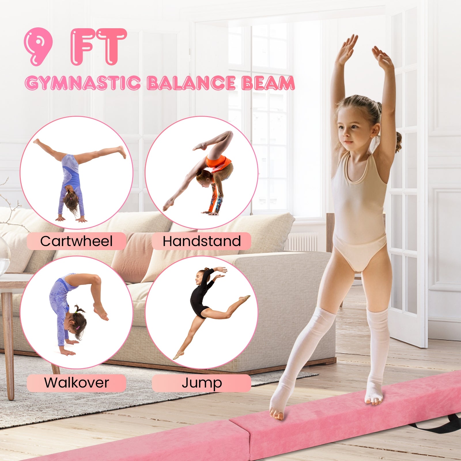 9 FT Folding Gymnastics Balance Beam with Anti-slip Base and Pine Wood Frame, Pink Yoga & Gym Mats at Gallery Canada