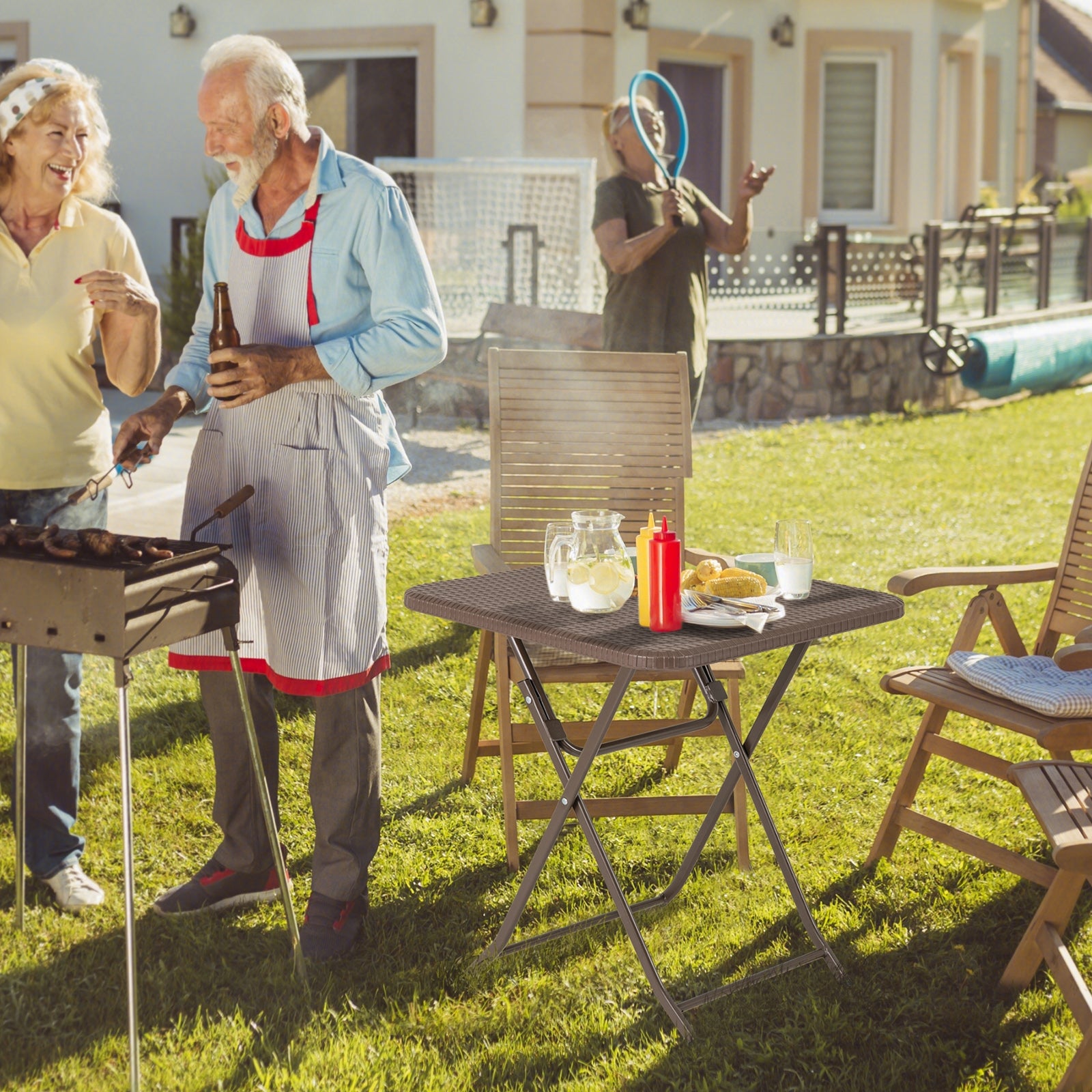 Folding Picnic Table with Rattan Grain HDPE Tabletop and Sturdy Metal Fame, Coffee Patio Dining Tables at Gallery Canada