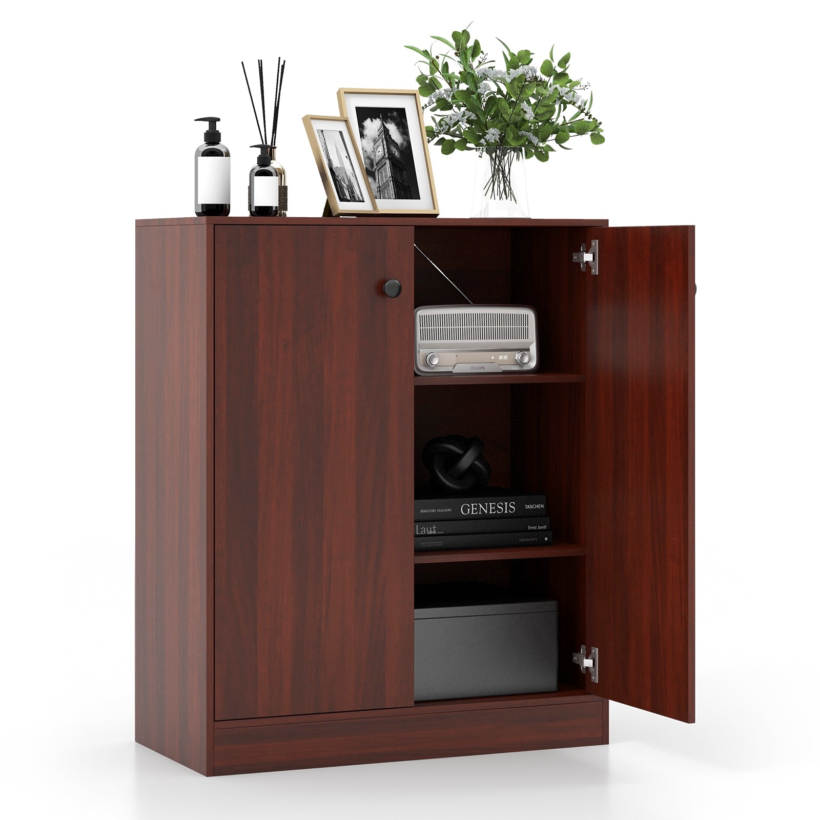 2-Door Modern Floor Storage Cabinet with 3-Tier Shelf, Brown Cabinets & Chests Brown at Gallery Canada